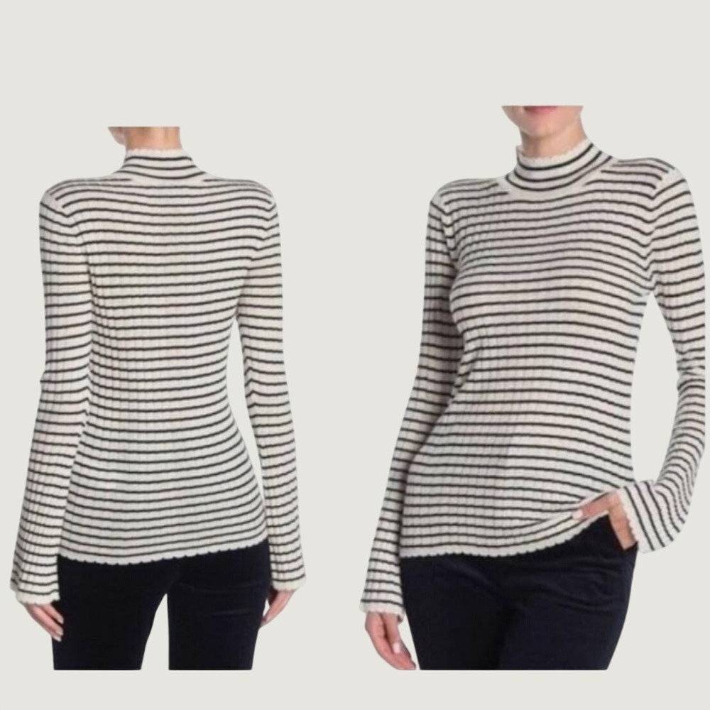 Joie Gestina Striped Mock Neck Ribbed Sweater Black White Wool Viscose M